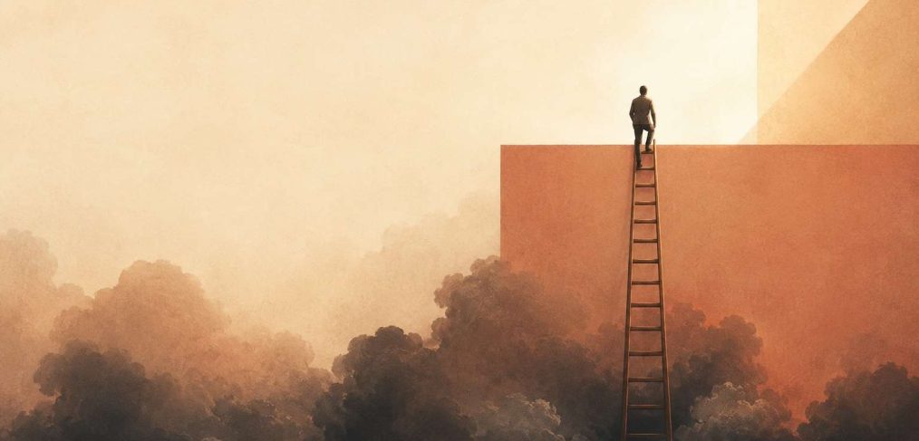 Illustration for Bruno Marion: a ladder rising from dark clouds toward a bright sky, resilience leading to emergence.