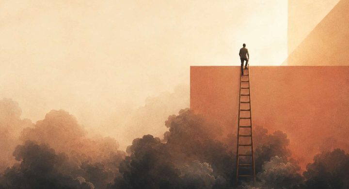 Illustration for Bruno Marion: a ladder rising from dark clouds toward a bright sky, resilience leading to emergence.